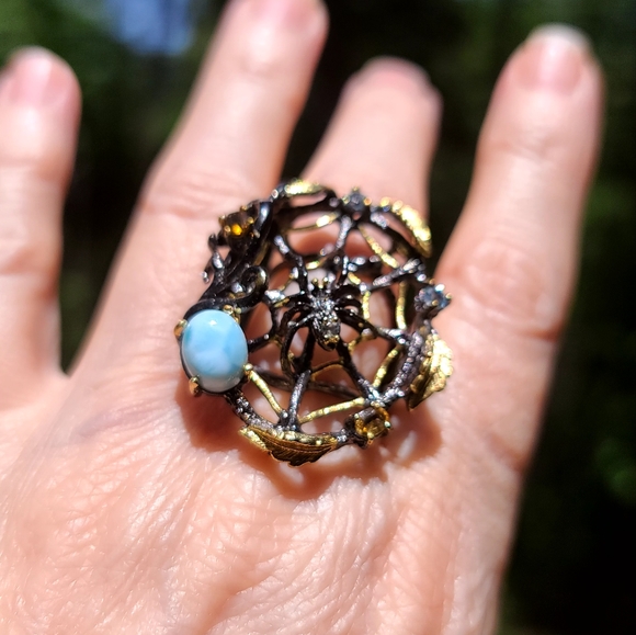 Larimar Citrine & Topaz Sterling & Gold Spiderweb 🕸 🕷 Spider ring sz8 - Picture 5 of 8